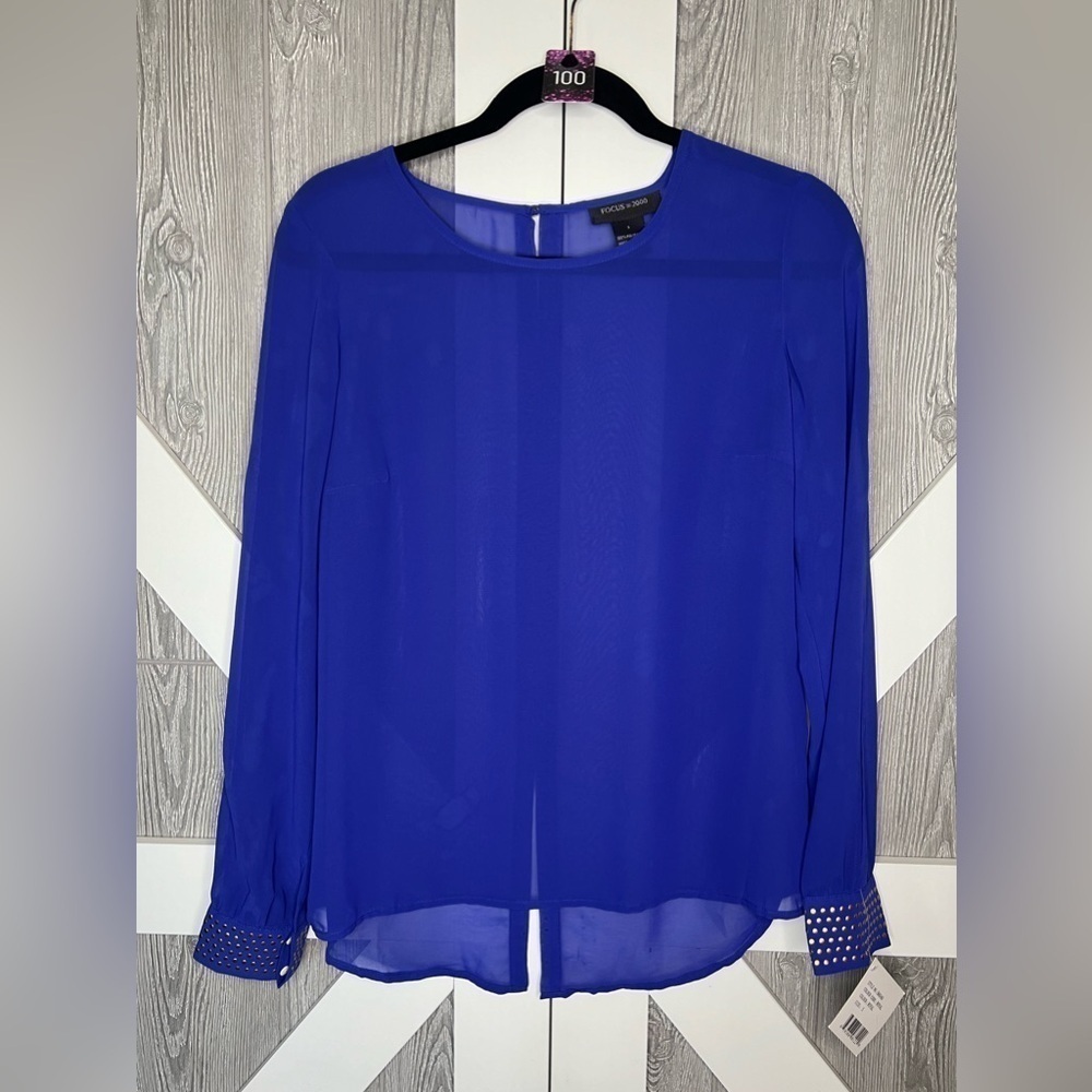 100. NWT Sheer Long Sleeve Royal Blue Gold Rivets Blouse/Cover S